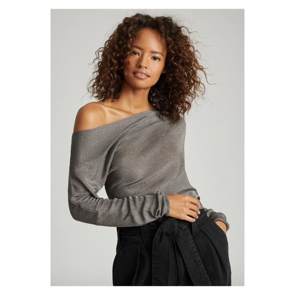 New! REISS Isla Metallic Knit One Shoulder Top - Picture 3 of 12